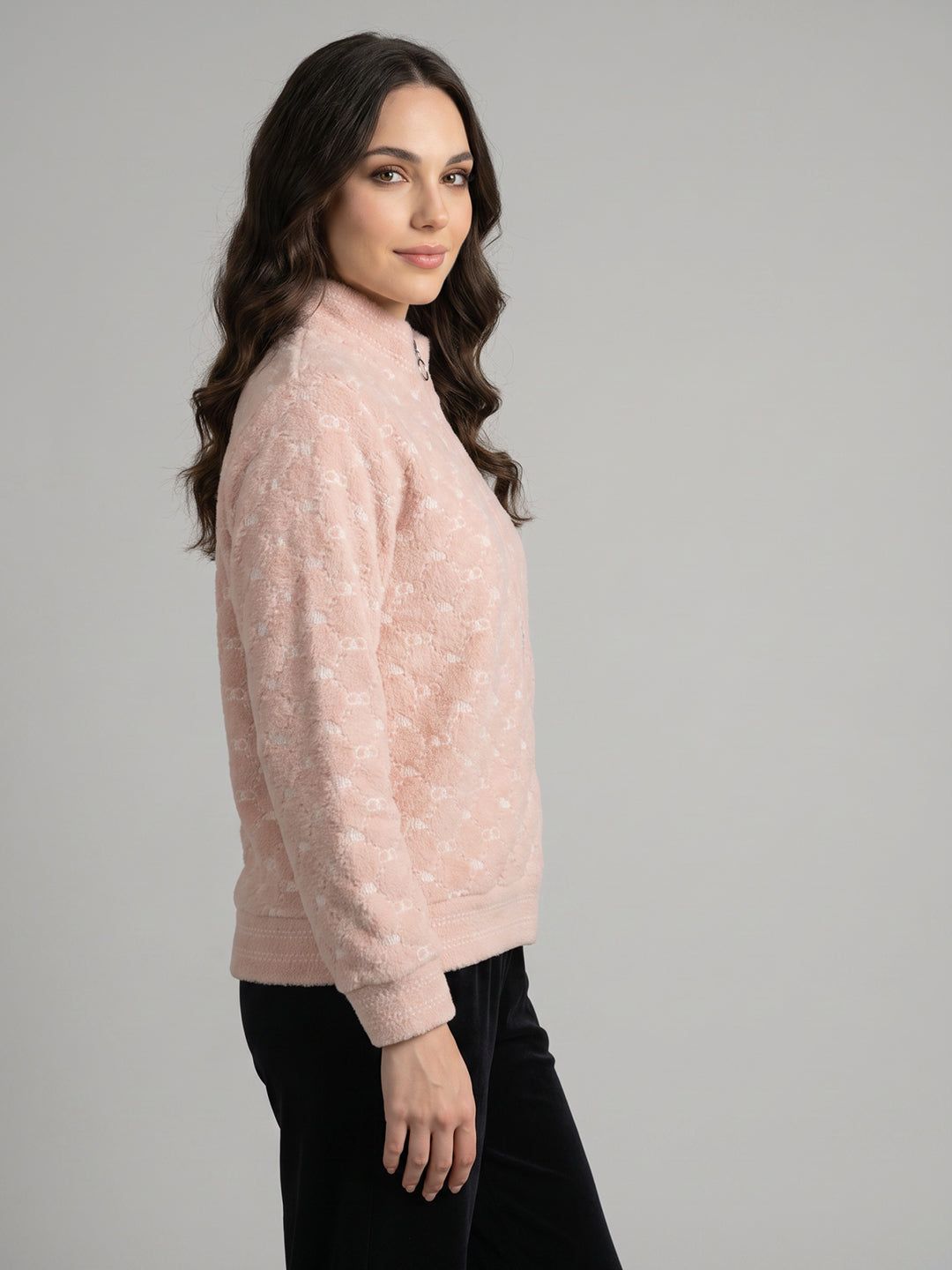 Women Pink & Off White Jacquard High Neck Full Sleeve Sweatshirt