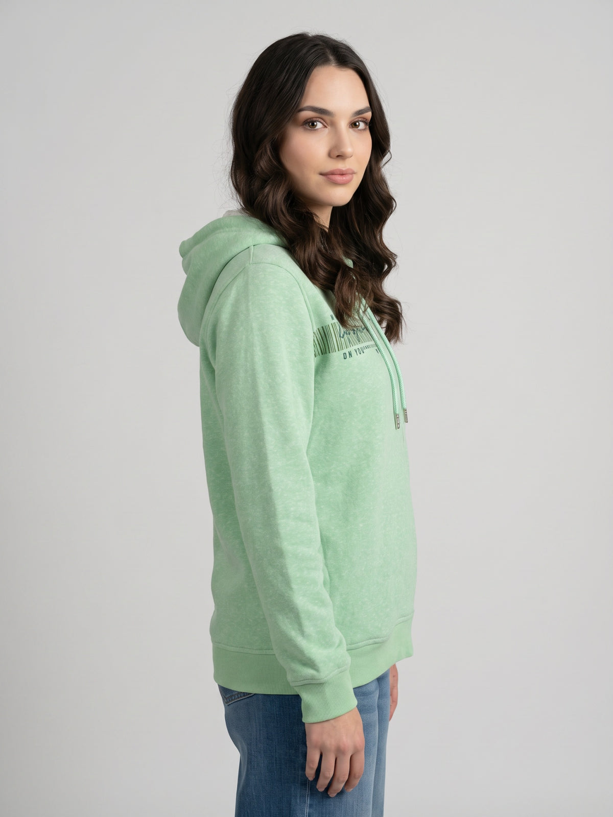 Women Green Printed Hooded Full Sleeve Sweatshirt