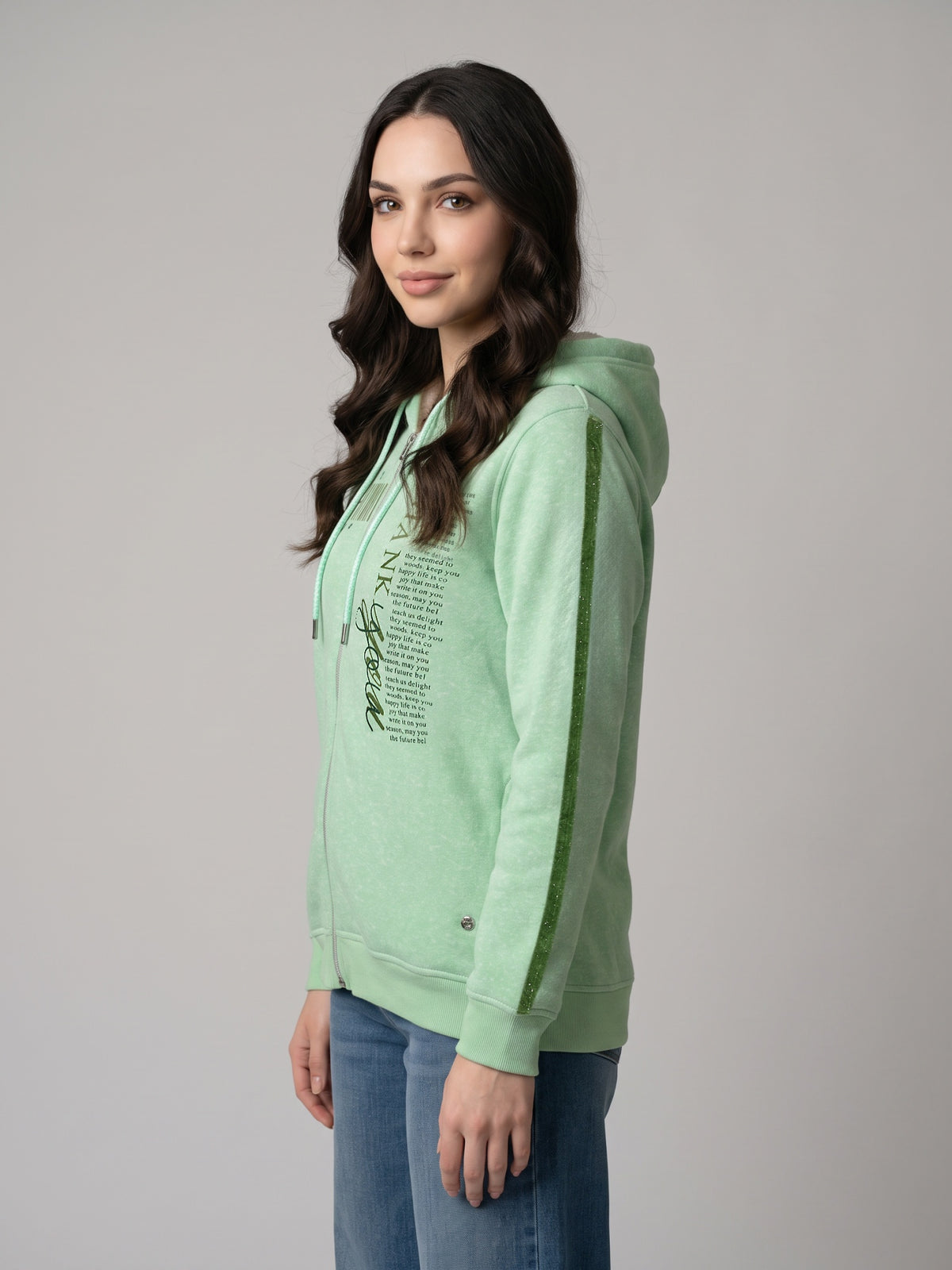 Women Green Printed Hooded Full Sleeve Sweatshirt