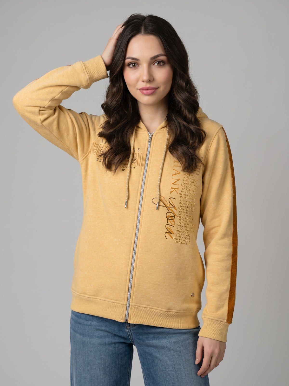 Women Yellow Printed Hooded Full Sleeve Sweatshirt