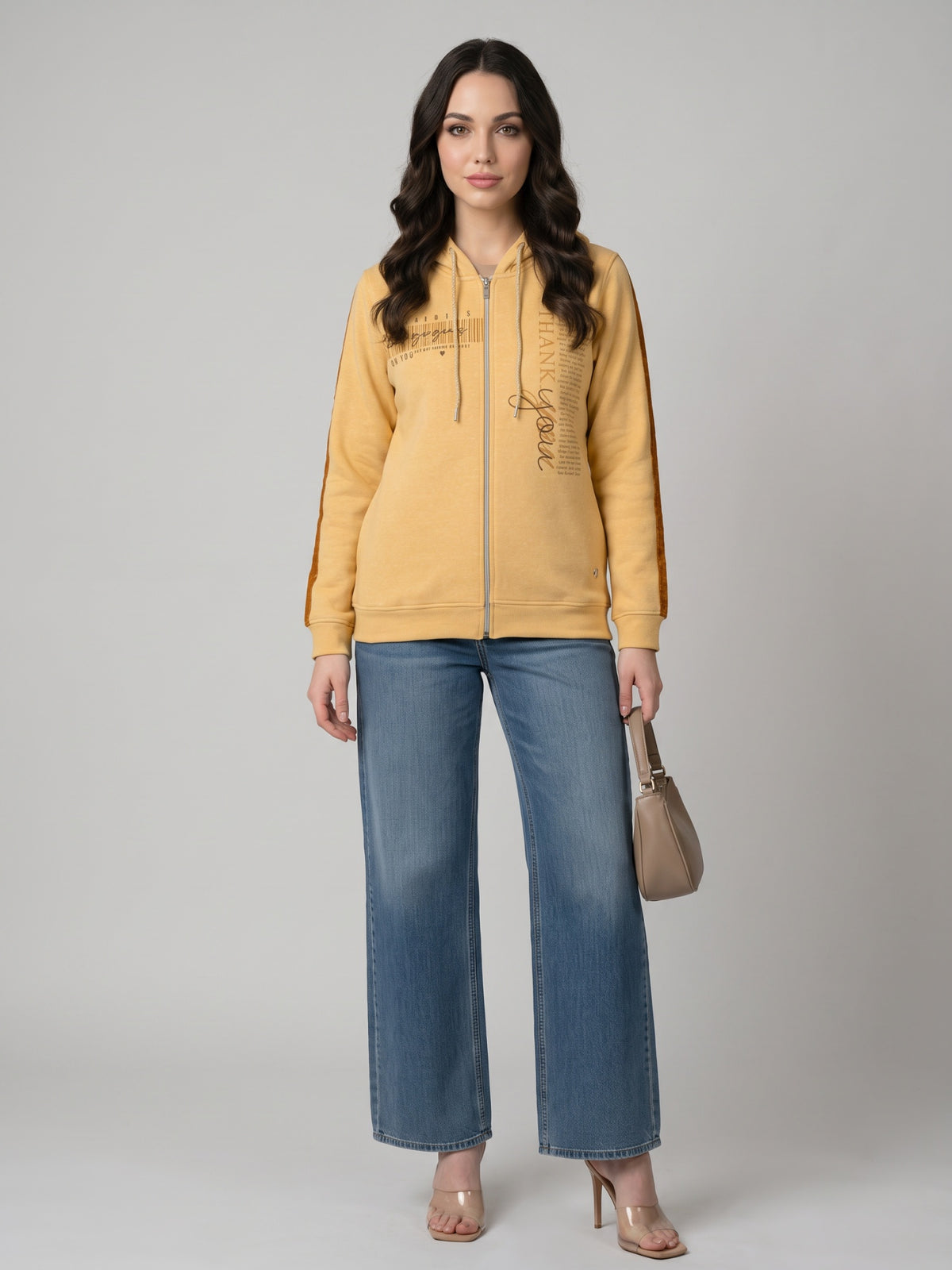 Women Yellow Printed Hooded Full Sleeve Sweatshirt