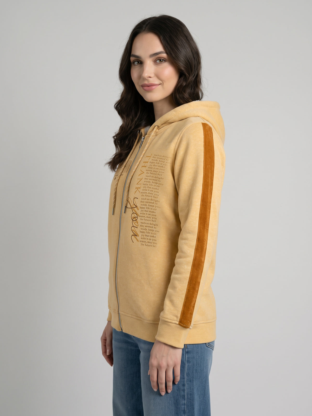 Women Yellow Printed Hooded Full Sleeve Sweatshirt