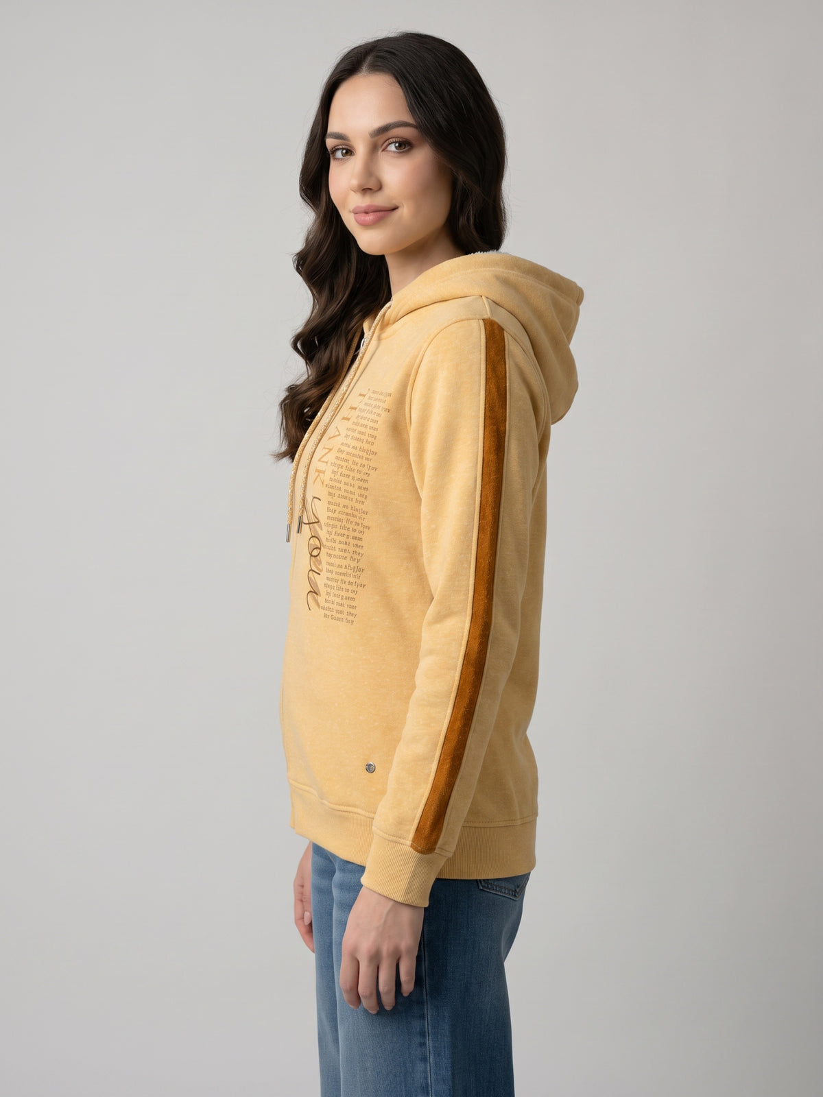 Women Yellow Printed Hooded Full Sleeve Sweatshirt