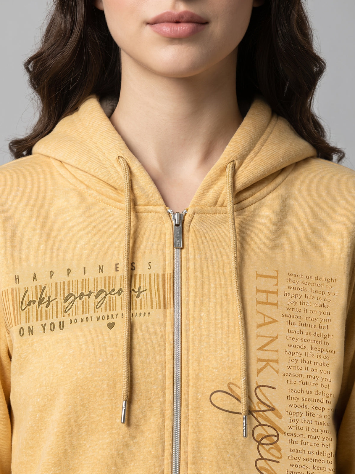 Women Yellow Printed Hooded Full Sleeve Sweatshirt