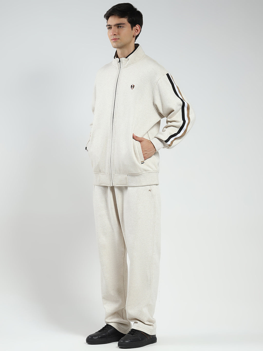 Men Beige Solid Mock Neck Full Sleeve Winter Tracksuit