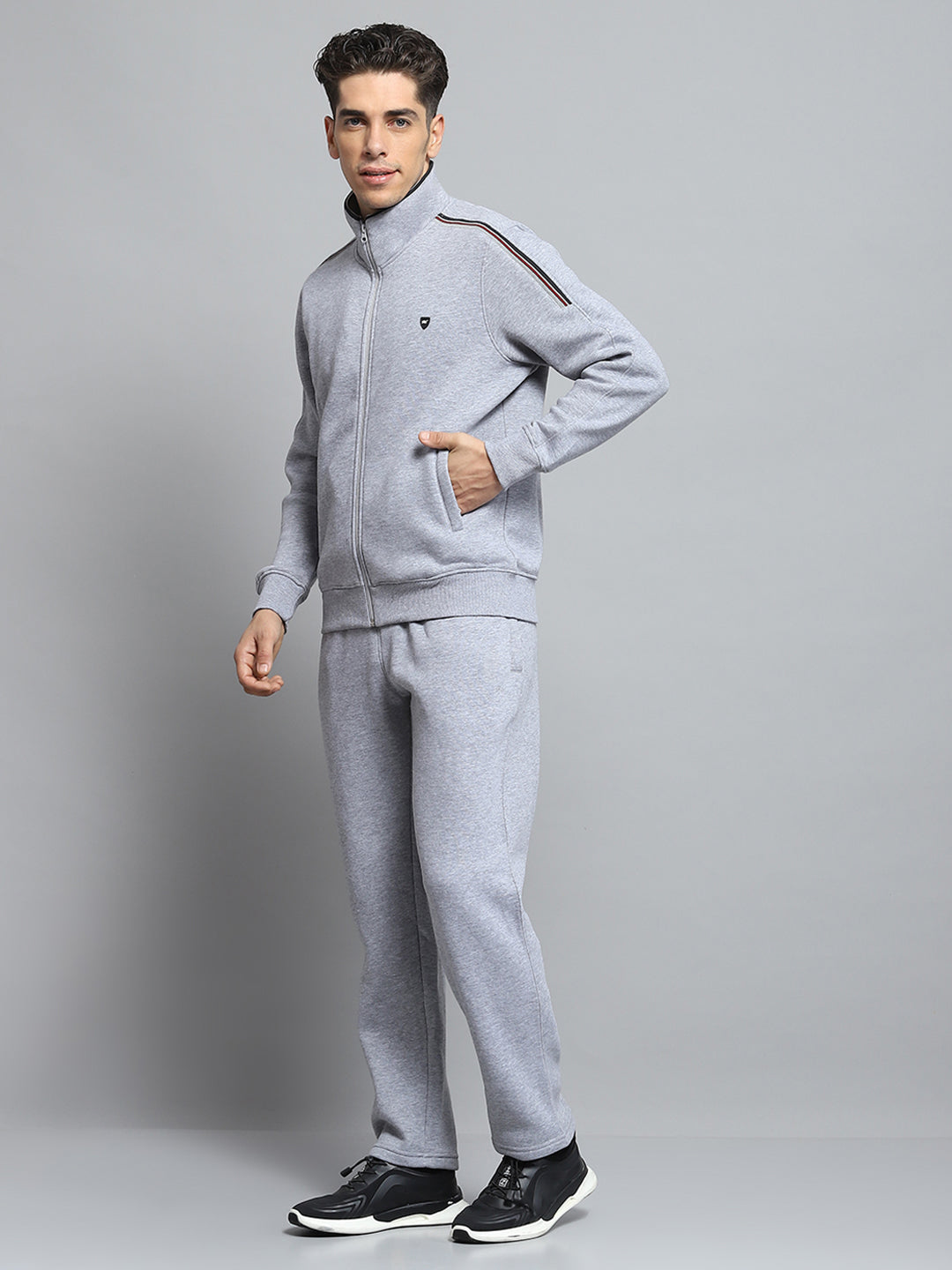 Men Grey Solid Mock Neck Full Sleeve Winter Tracksuit