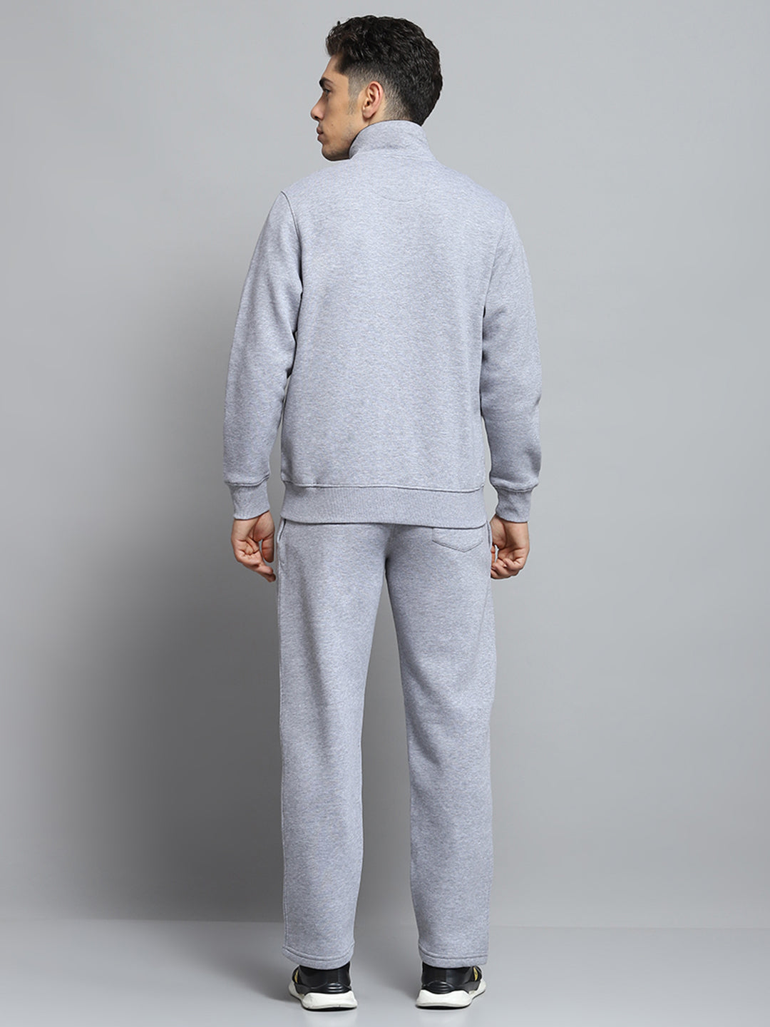 Men Grey Solid Mock Neck Full Sleeve Winter Tracksuit