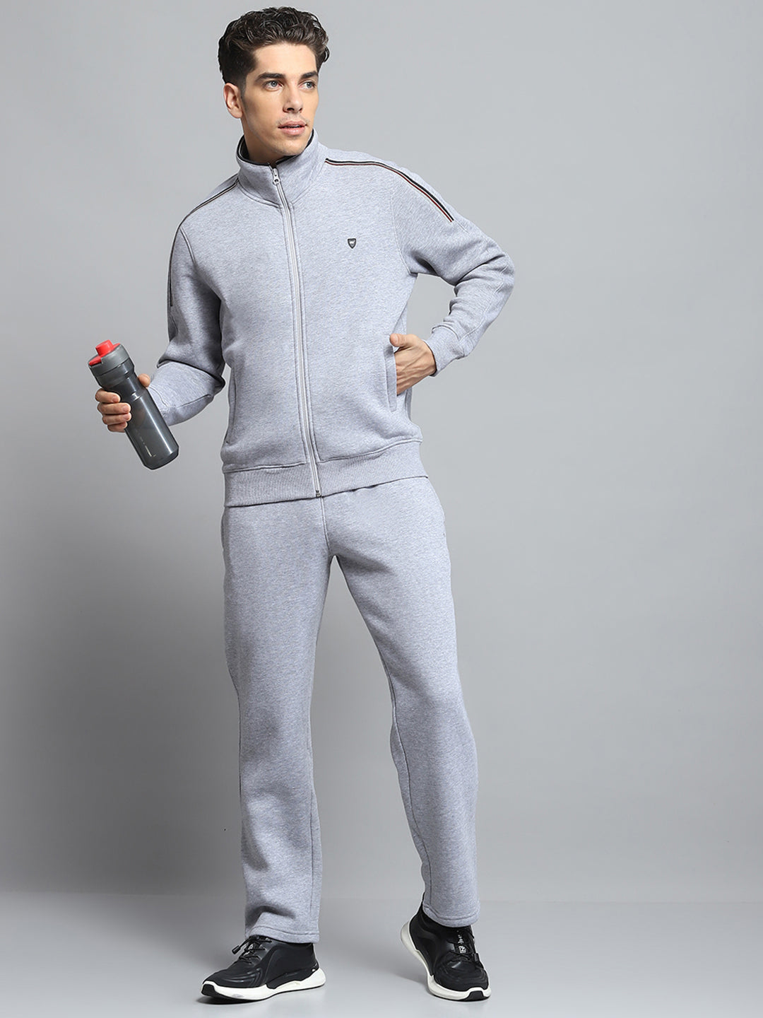 Men Grey Solid Mock Neck Full Sleeve Winter Tracksuit