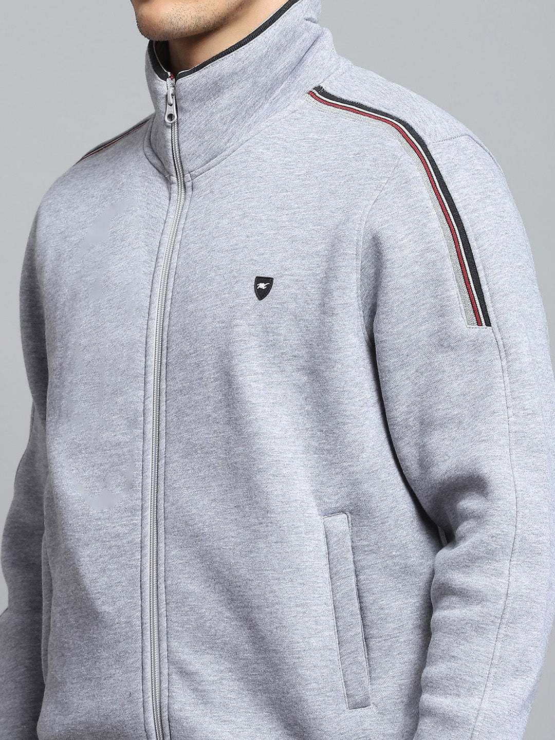 Men Grey Solid Mock Neck Full Sleeve Winter Tracksuit