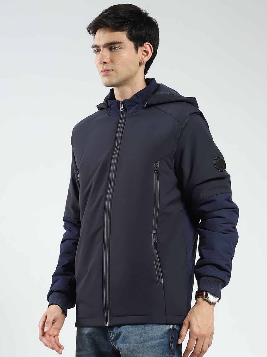 Men Navy Blue Solid Detachable Hood Full Sleeve Jacket