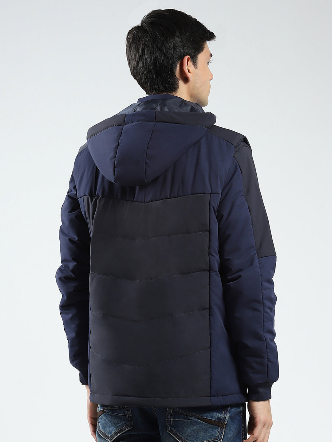 Men Navy Blue Solid Detachable Hood Full Sleeve Jacket