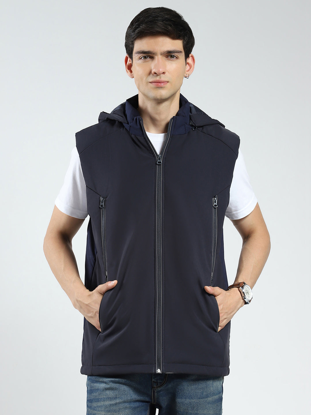 Men Navy Blue Solid Detachable Hood Full Sleeve Jacket
