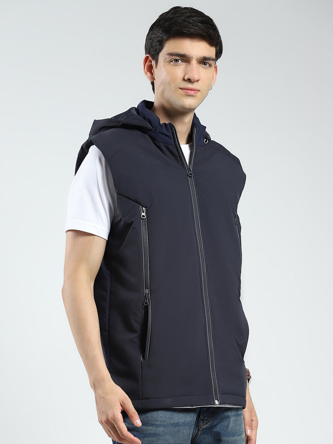 Men Navy Blue Solid Detachable Hood Full Sleeve Jacket