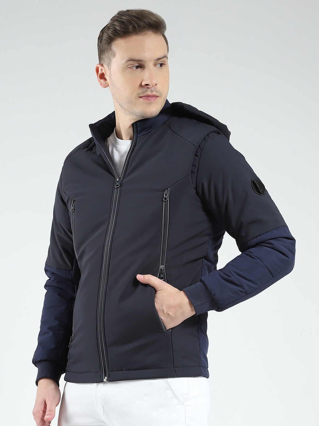 Men Black Solid Hooded Full Sleeve Jacket