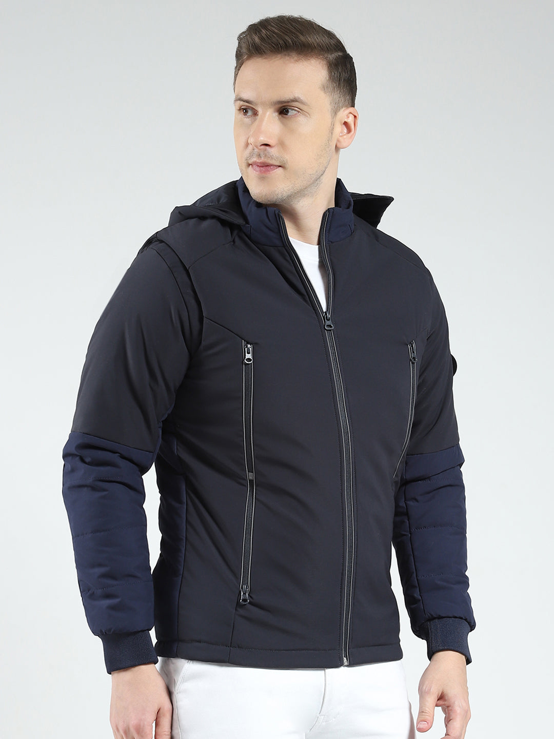 Men Black Solid Hooded Full Sleeve Jacket