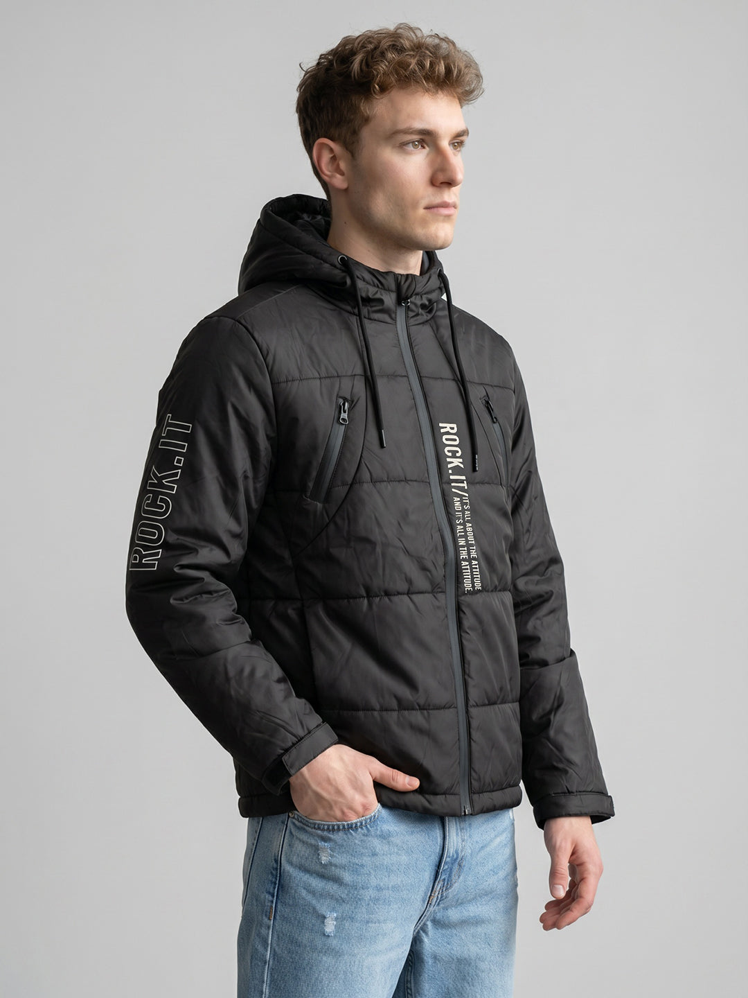 Rock.it Men Black Solid Hooded Full Sleeve Puffer Jacket