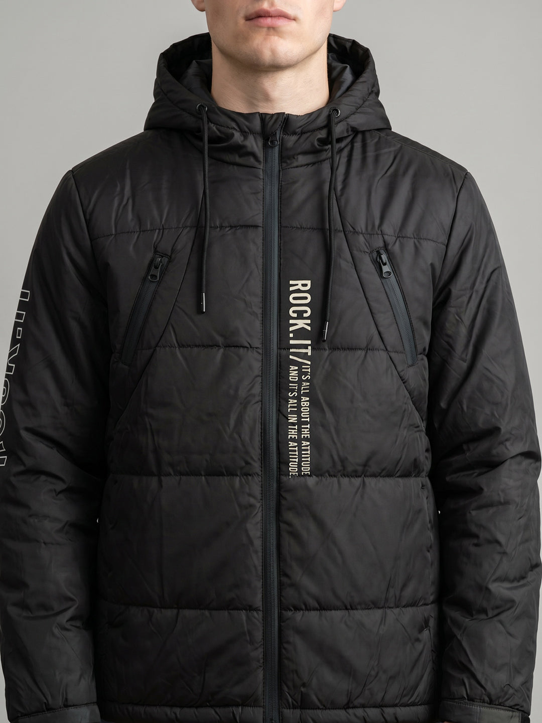 Rock.it Men Black Solid Hooded Full Sleeve Puffer Jacket