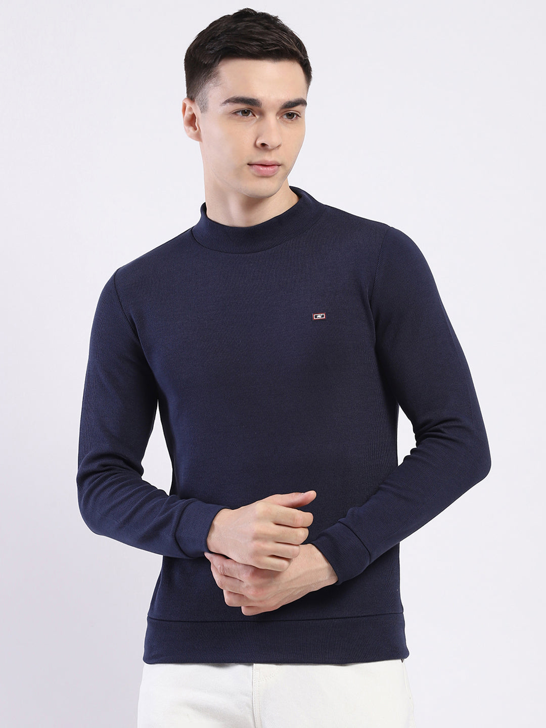 Men Navy Blue Solid Round Neck Full Sleeve Winter T-Shirt