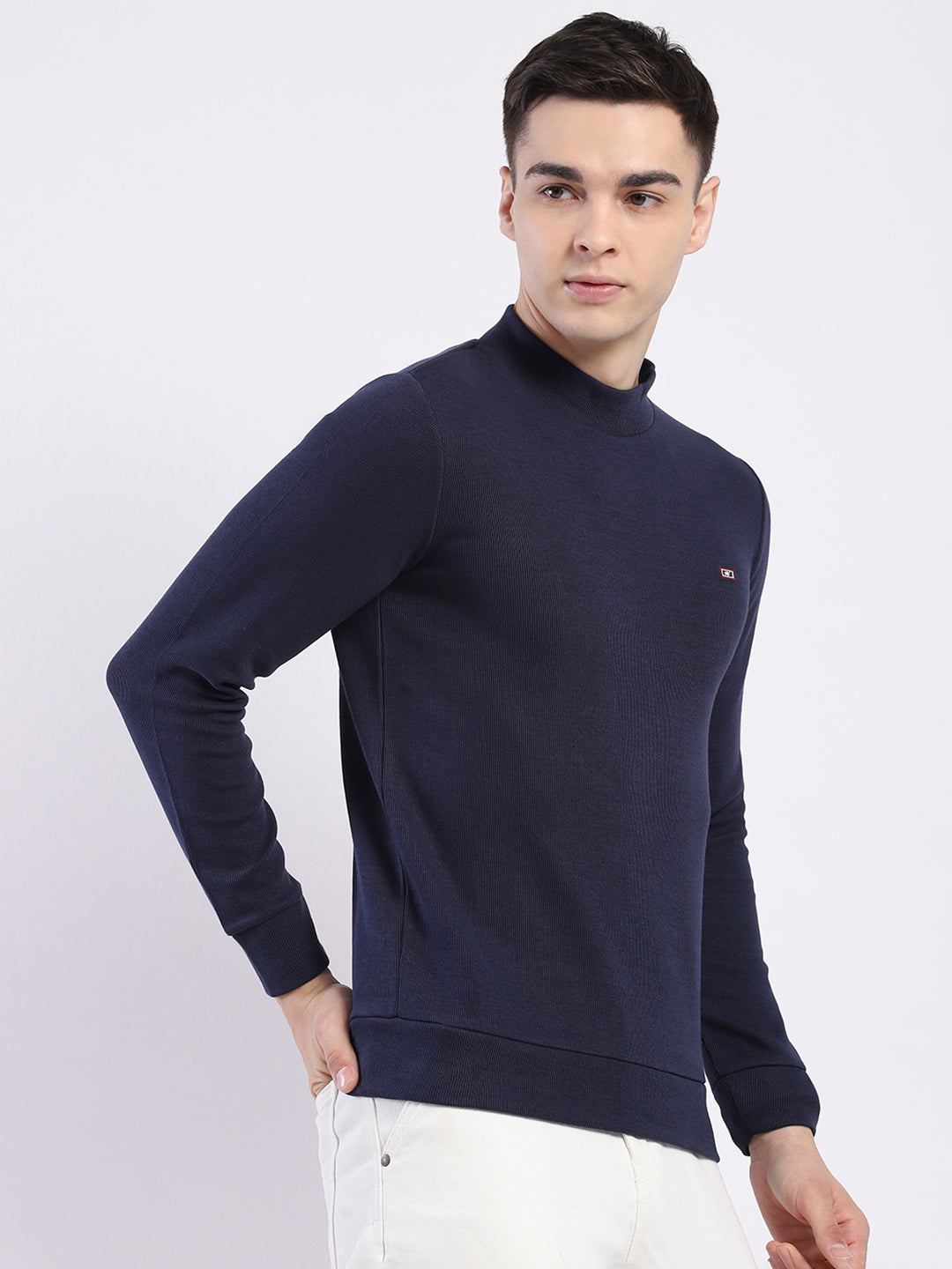 Men Navy Blue Solid Round Neck Full Sleeve Winter T-Shirt