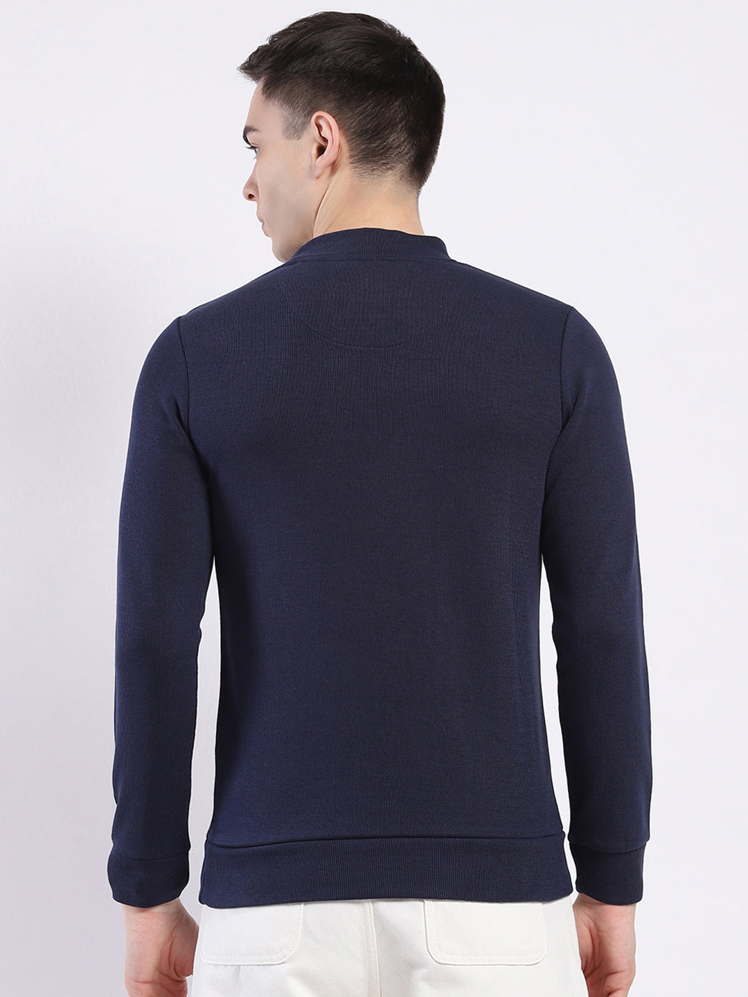 Men Navy Blue Solid Round Neck Full Sleeve Winter T-Shirt