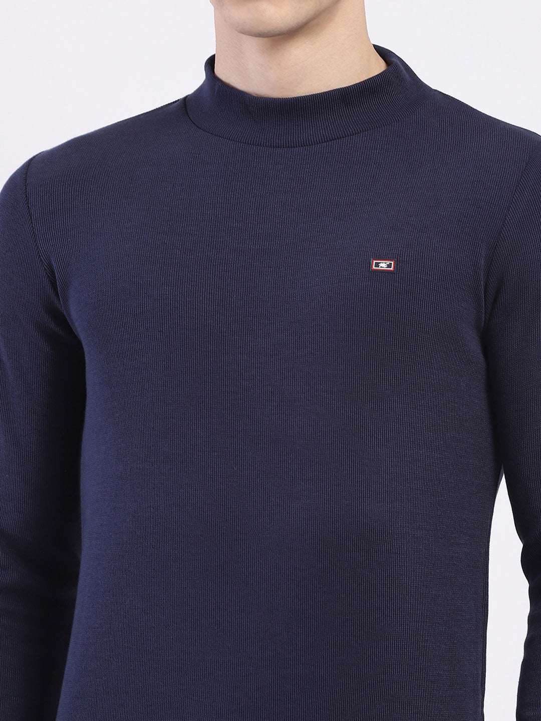 Men Navy Blue Solid Round Neck Full Sleeve Winter T-Shirt