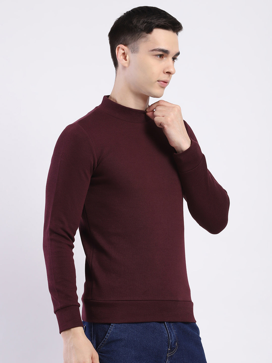 Men Maroon Solid Round Neck Full Sleeve Winter T-Shirt