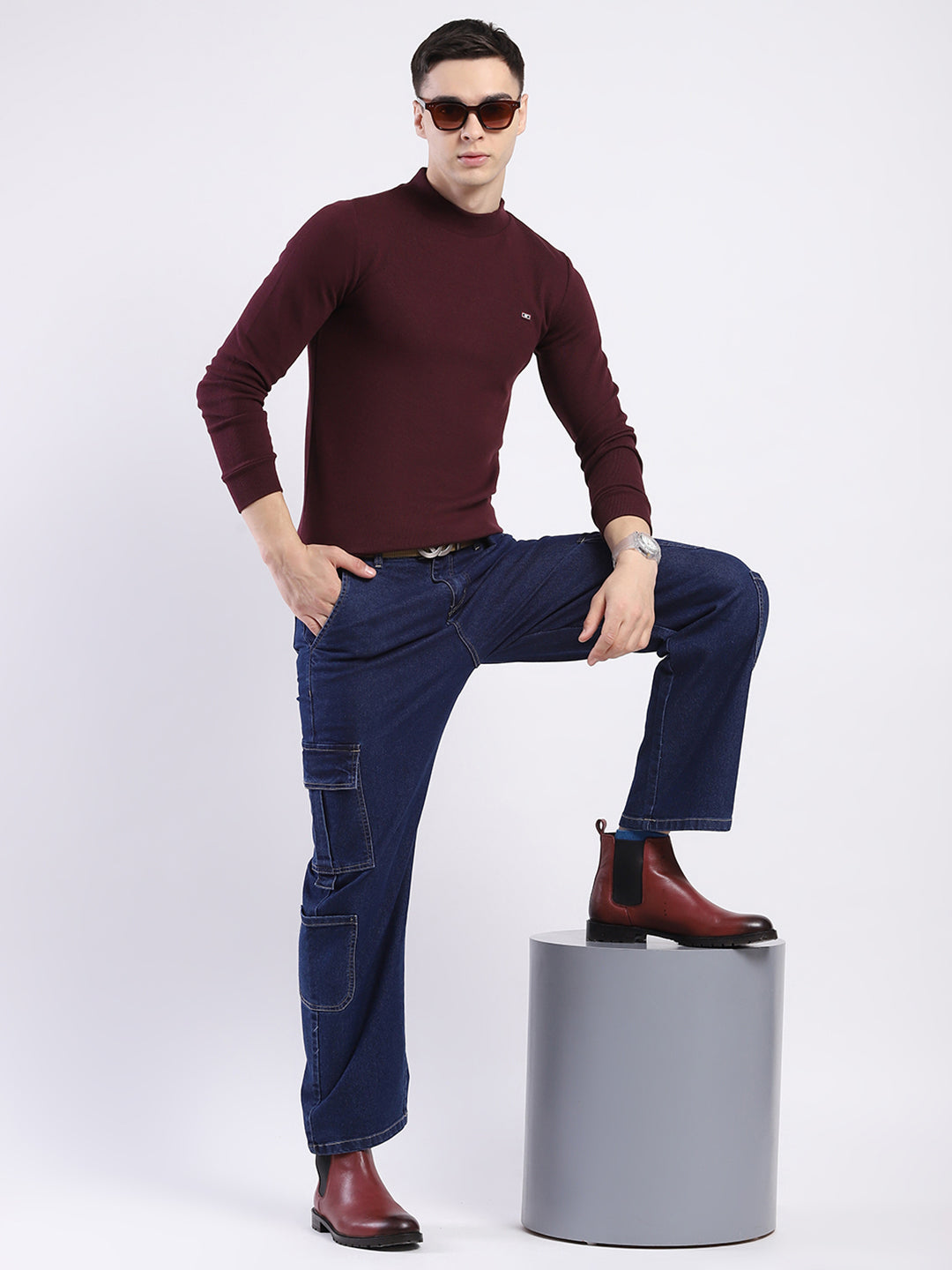Men Maroon Solid Round Neck Full Sleeve Winter T-Shirt