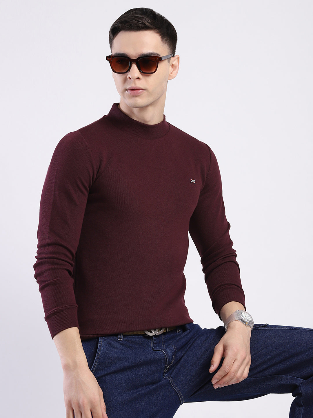 Men Maroon Solid Round Neck Full Sleeve Winter T-Shirt