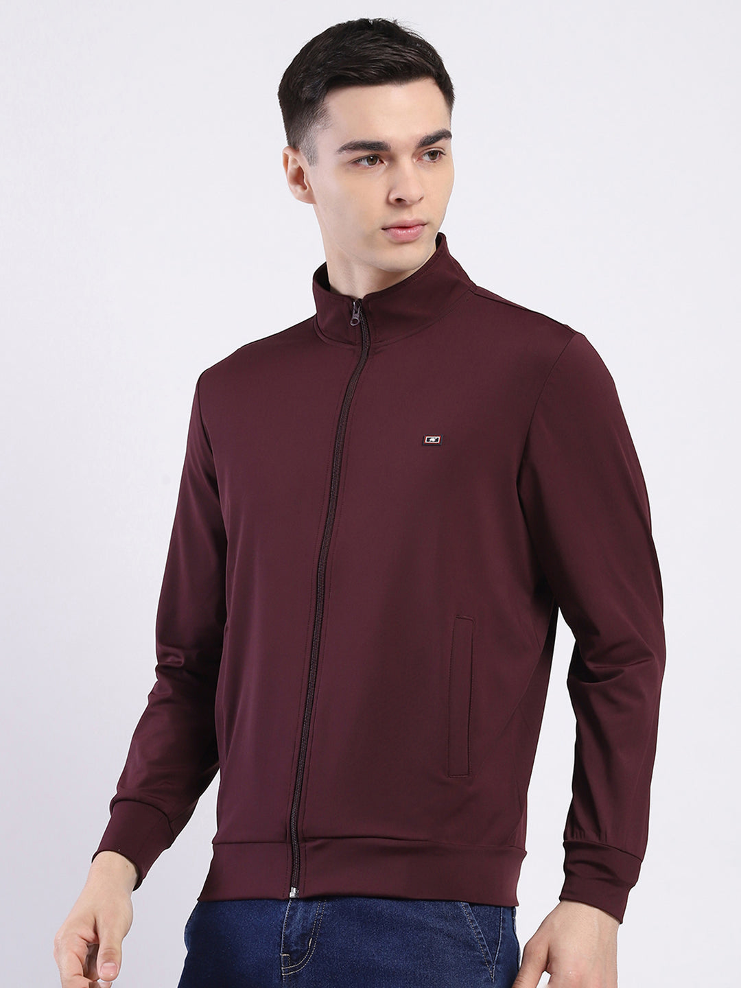 Men Maroon Solid Mock Neck Full Sleeve Winter T-Shirt