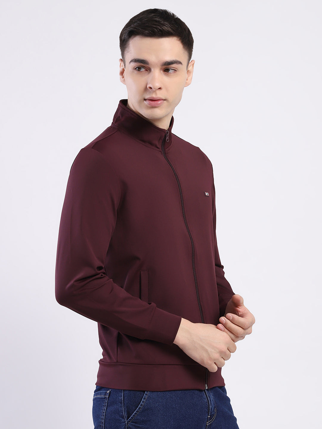 Men Maroon Solid Mock Neck Full Sleeve Winter T-Shirt