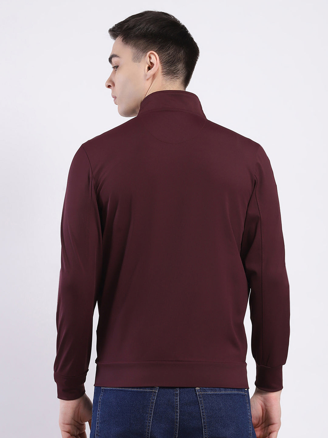 Men Maroon Solid Mock Neck Full Sleeve Winter T-Shirt
