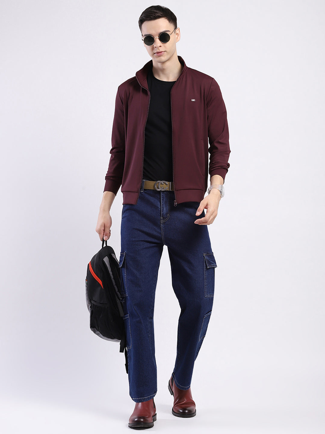 Men Maroon Solid Mock Neck Full Sleeve Winter T-Shirt