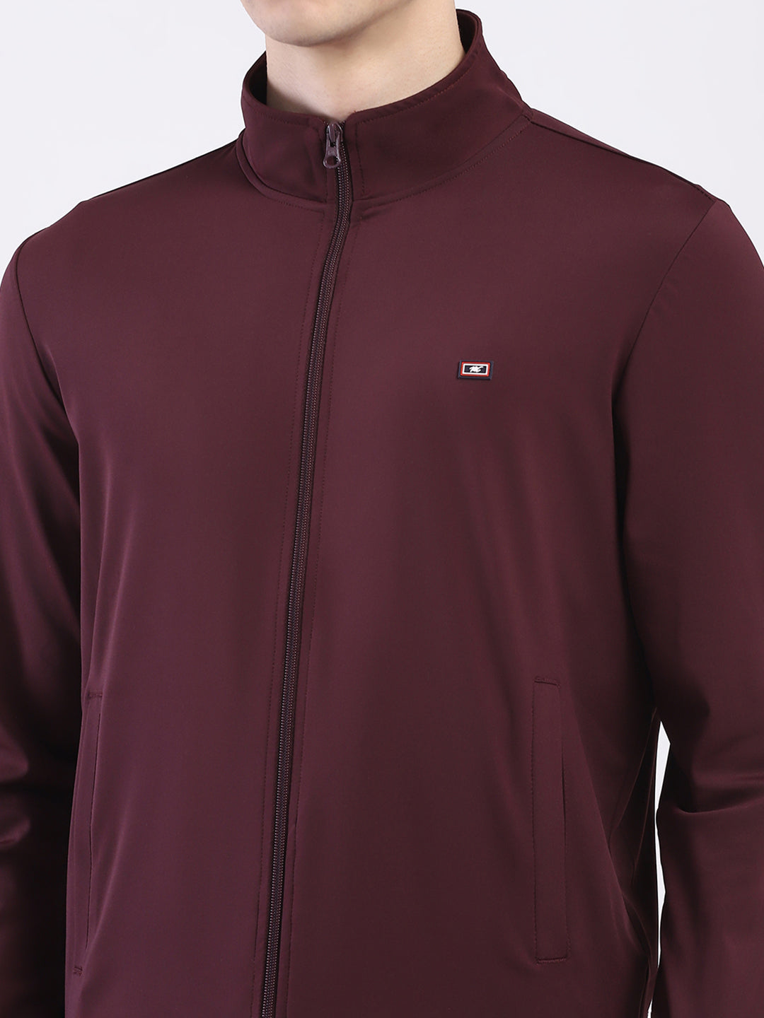 Men Maroon Solid Mock Neck Full Sleeve Winter T-Shirt