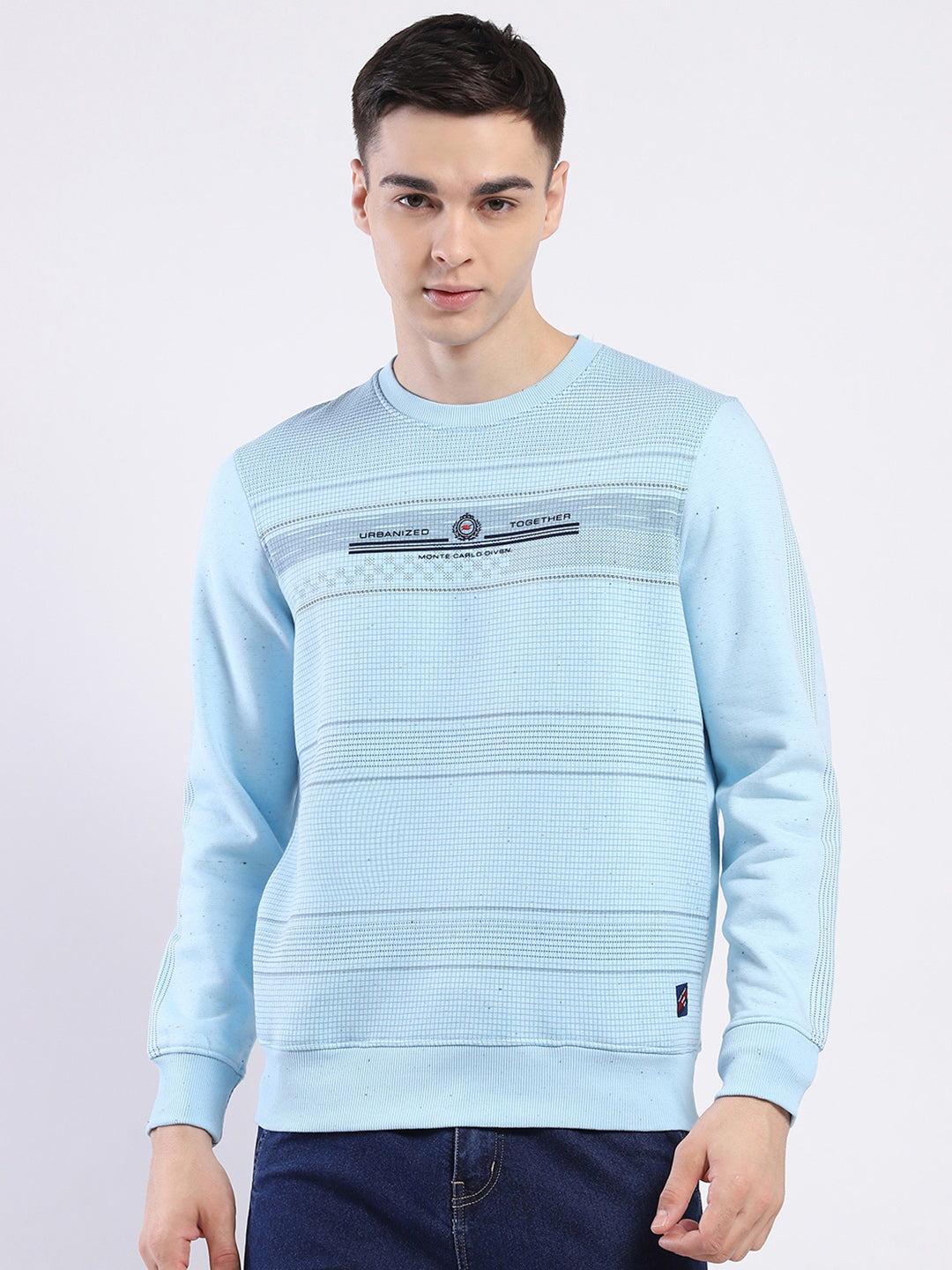 Men Sky Blue Printed Round Neck Full Sleeve Sweatshirt