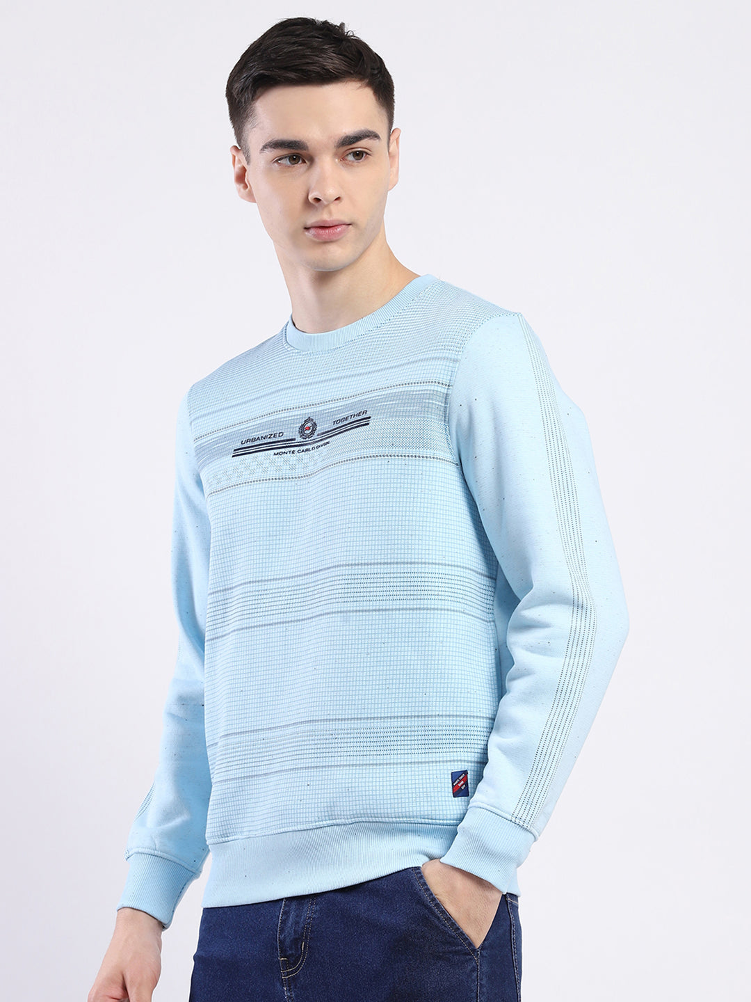 Men Sky Blue Printed Round Neck Full Sleeve Sweatshirt