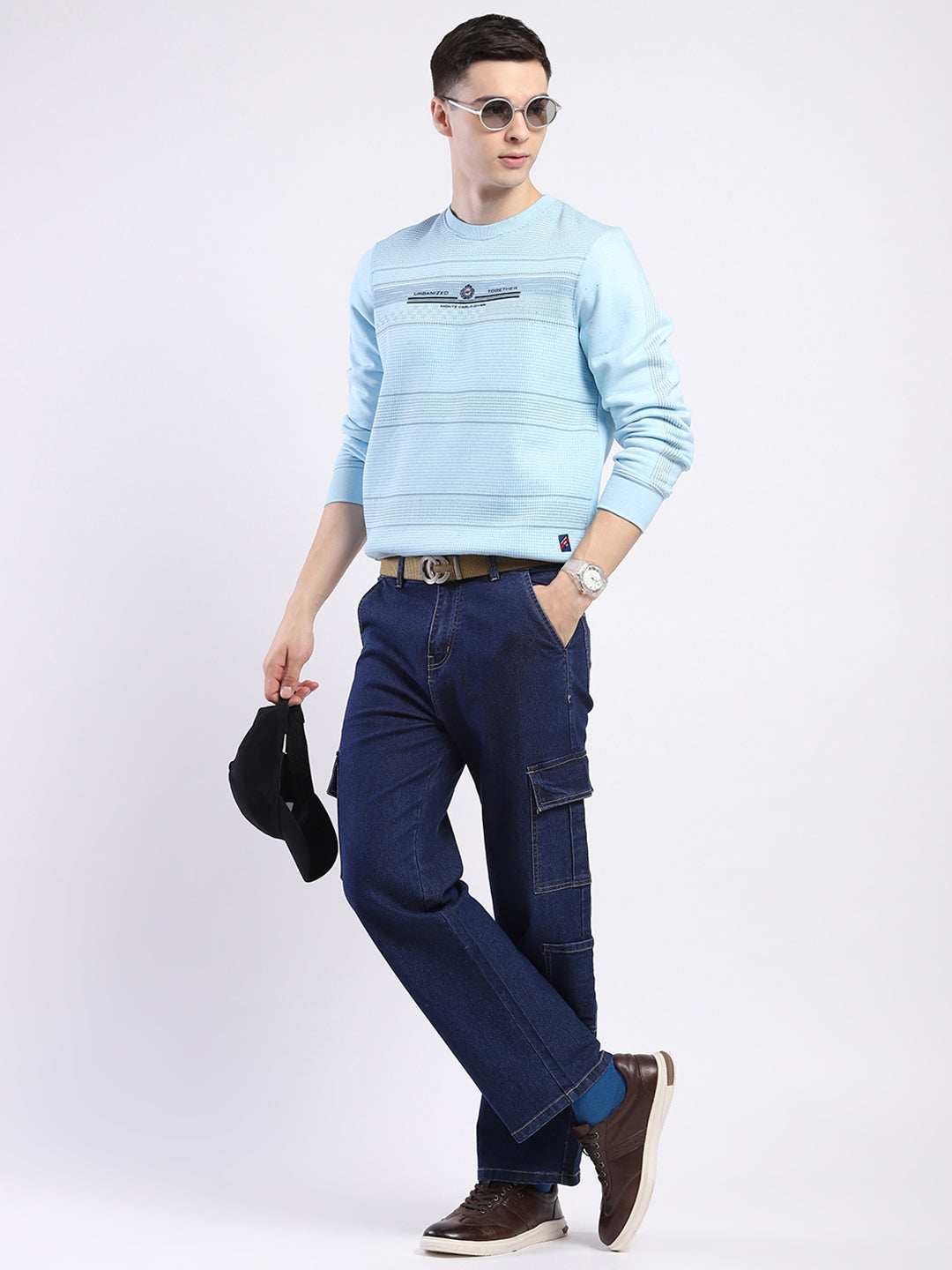 Men Sky Blue Printed Round Neck Full Sleeve Sweatshirt