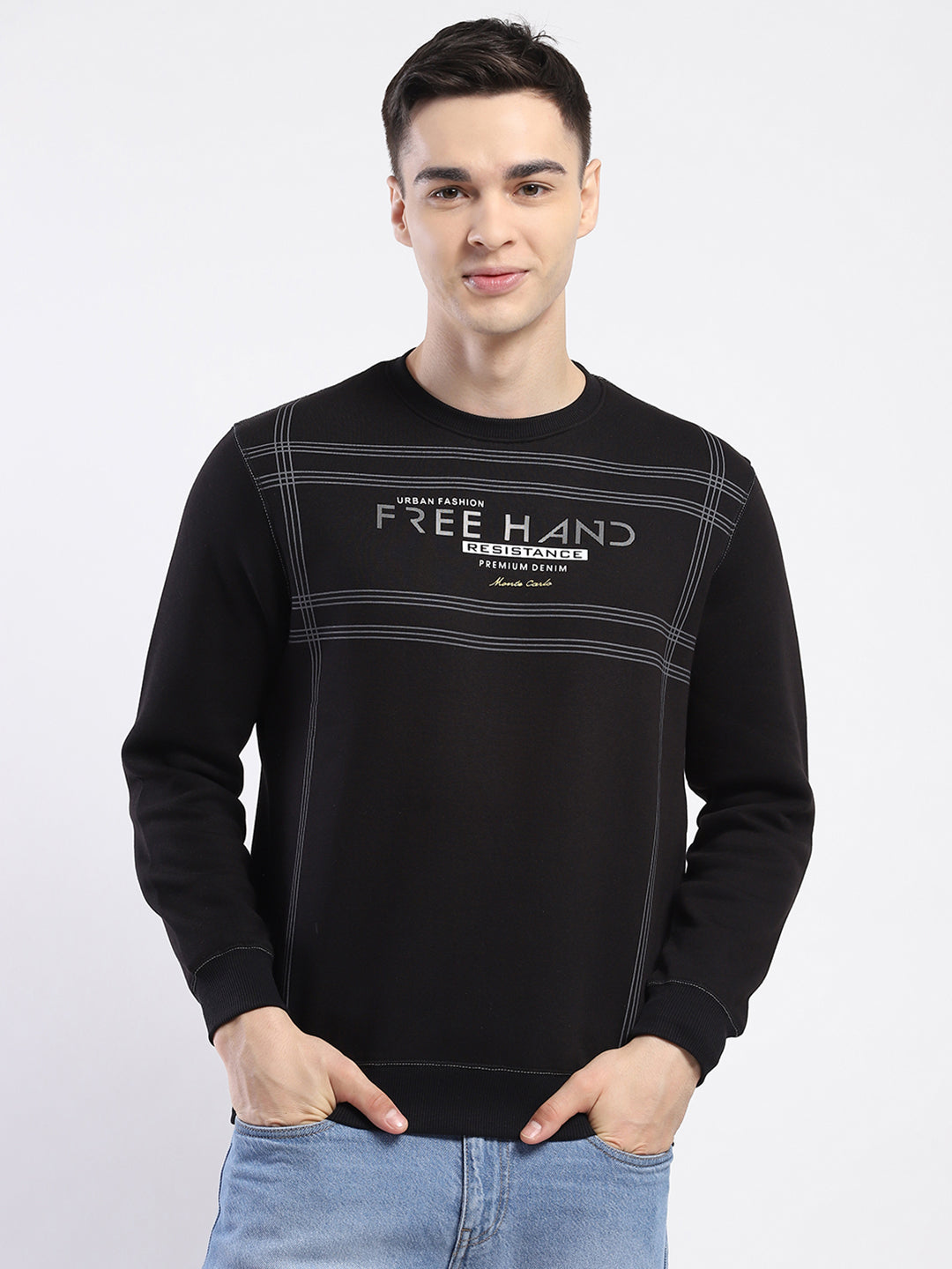Men Black Printed Round Neck Full Sleeve Sweatshirt
