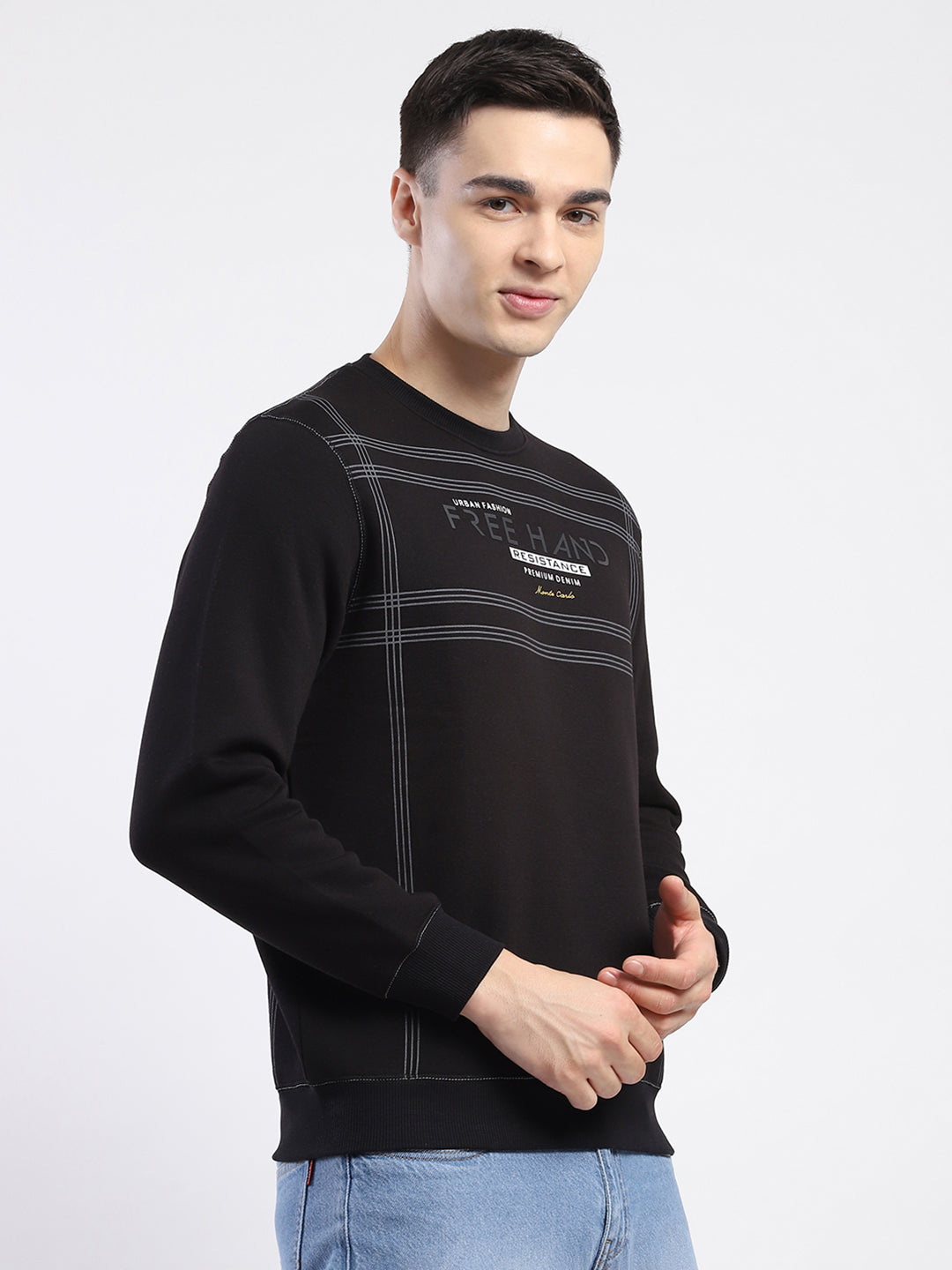 Men Black Printed Round Neck Full Sleeve Sweatshirt