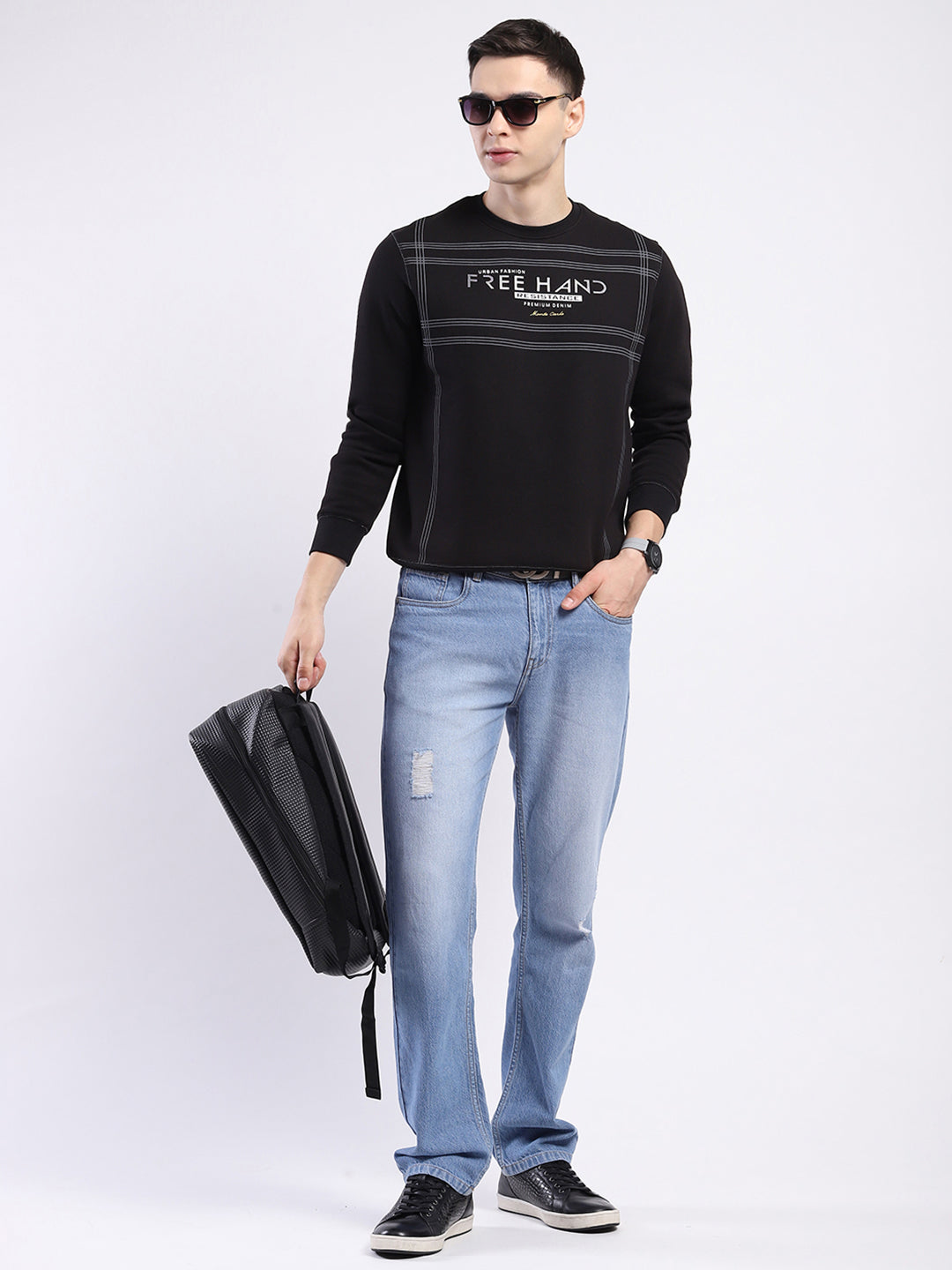 Men Black Printed Round Neck Full Sleeve Sweatshirt
