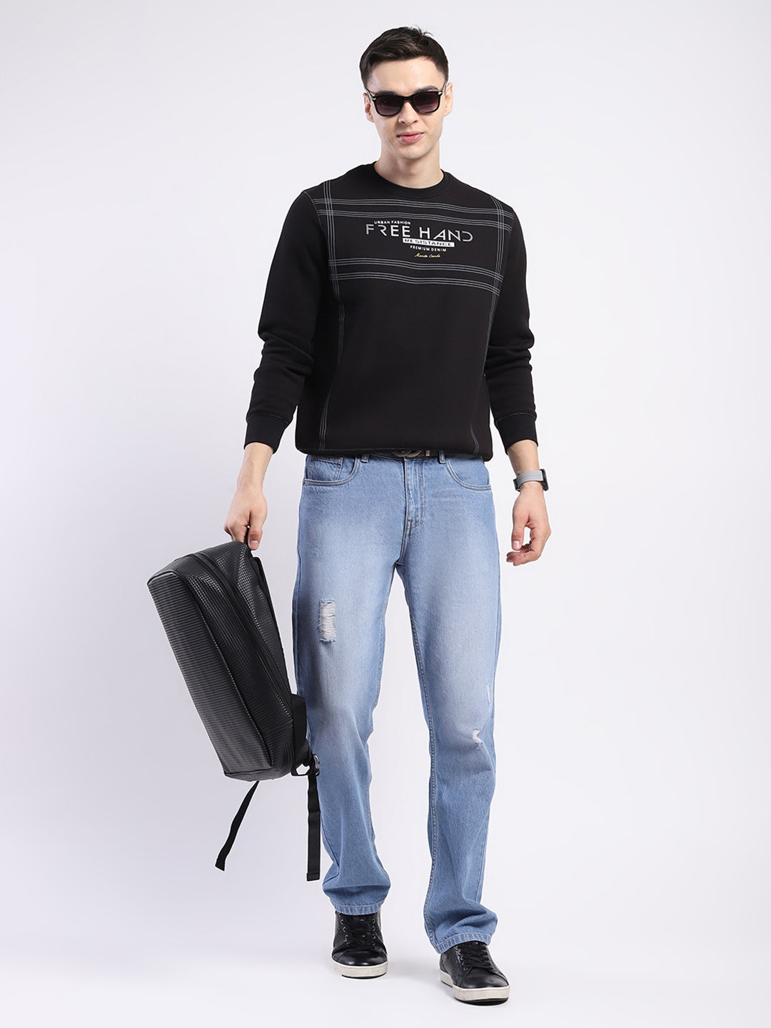 Men Black Printed Round Neck Full Sleeve Sweatshirt
