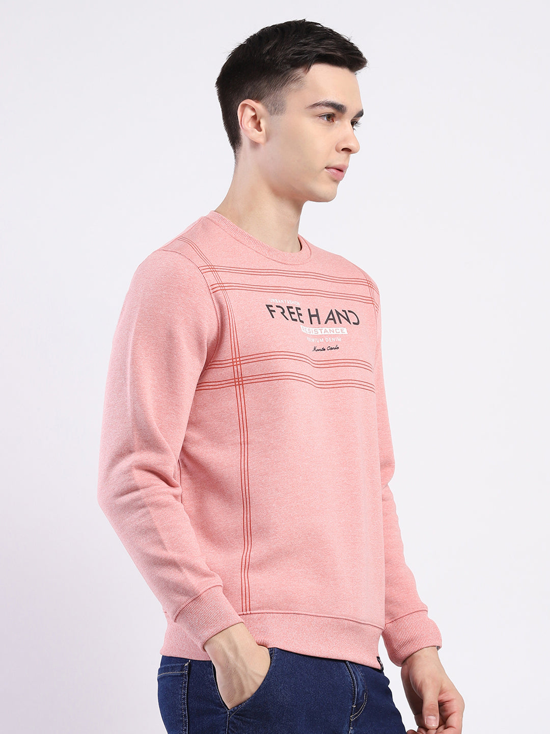 Men Pink Printed Round Neck Full Sleeve Sweatshirt