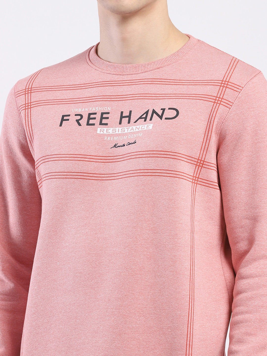 Men Pink Printed Round Neck Full Sleeve Sweatshirt