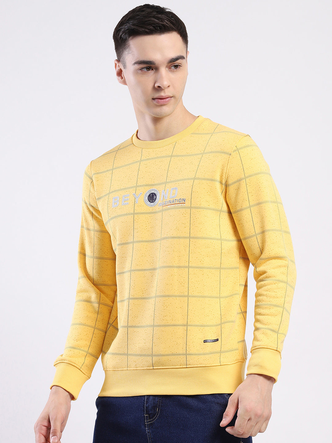 Men Yellow Printed Round Neck Full Sleeve Sweatshirt