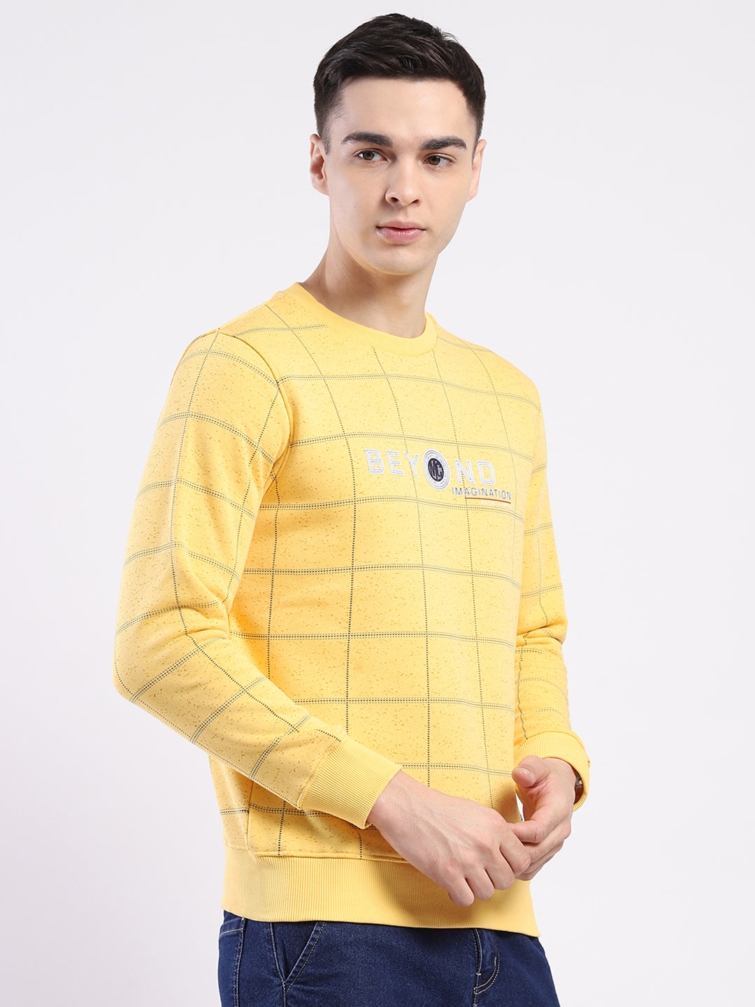 Men Yellow Printed Round Neck Full Sleeve Sweatshirt