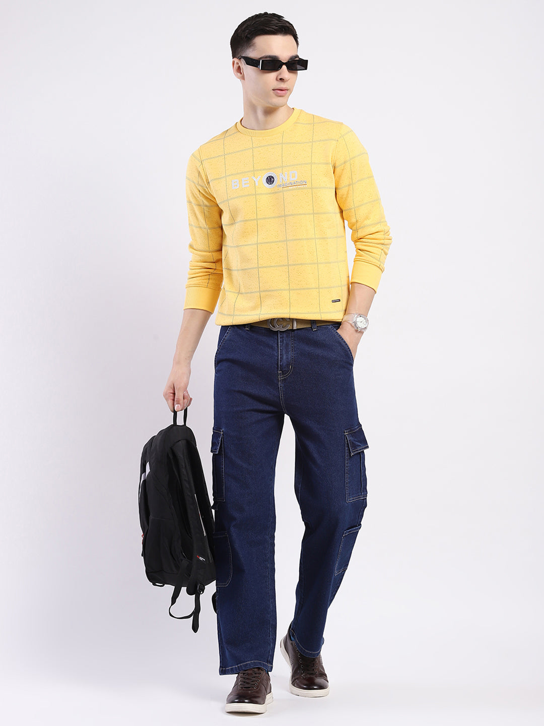 Men Yellow Printed Round Neck Full Sleeve Sweatshirt