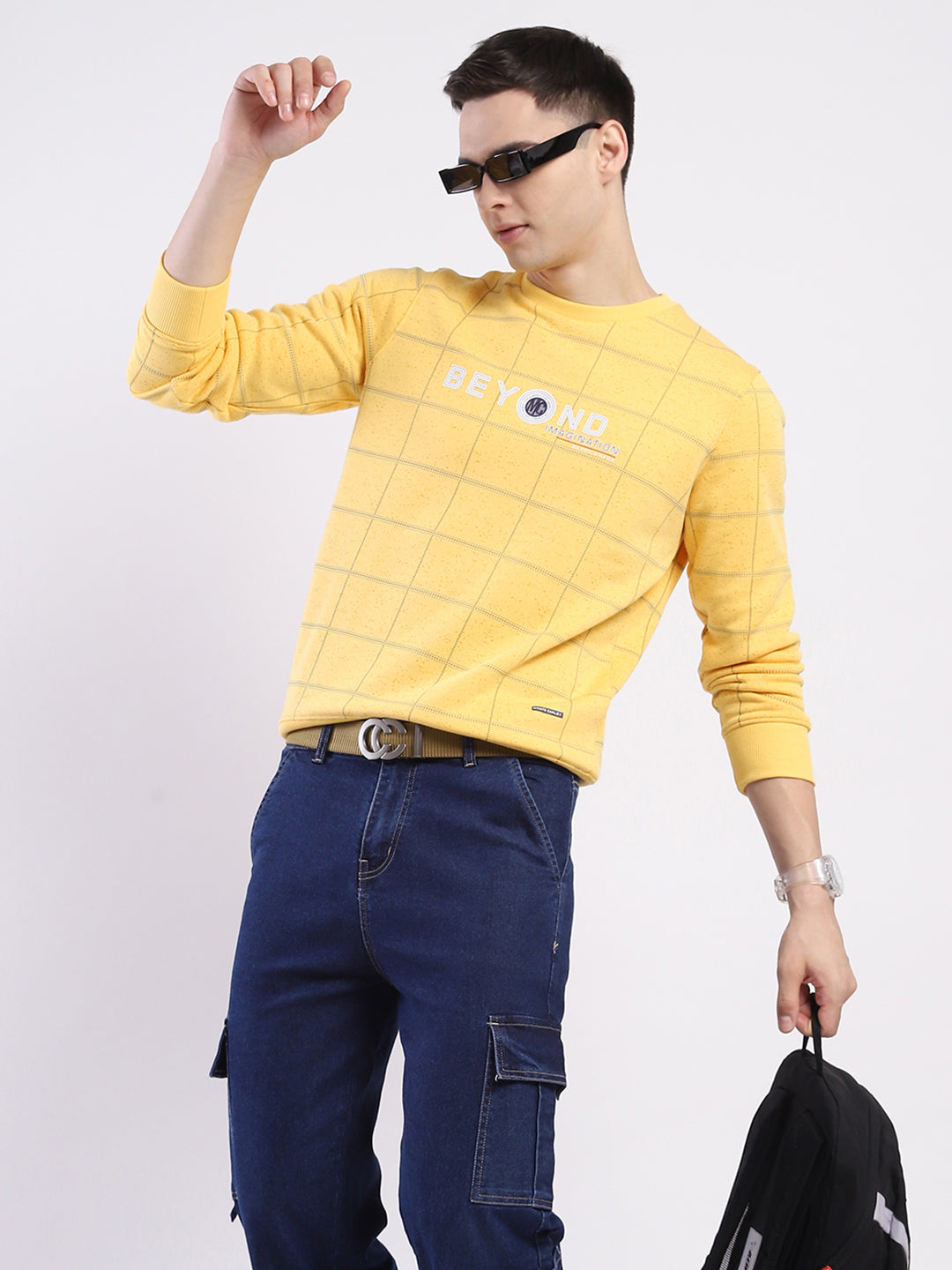 Men Yellow Printed Round Neck Full Sleeve Sweatshirt