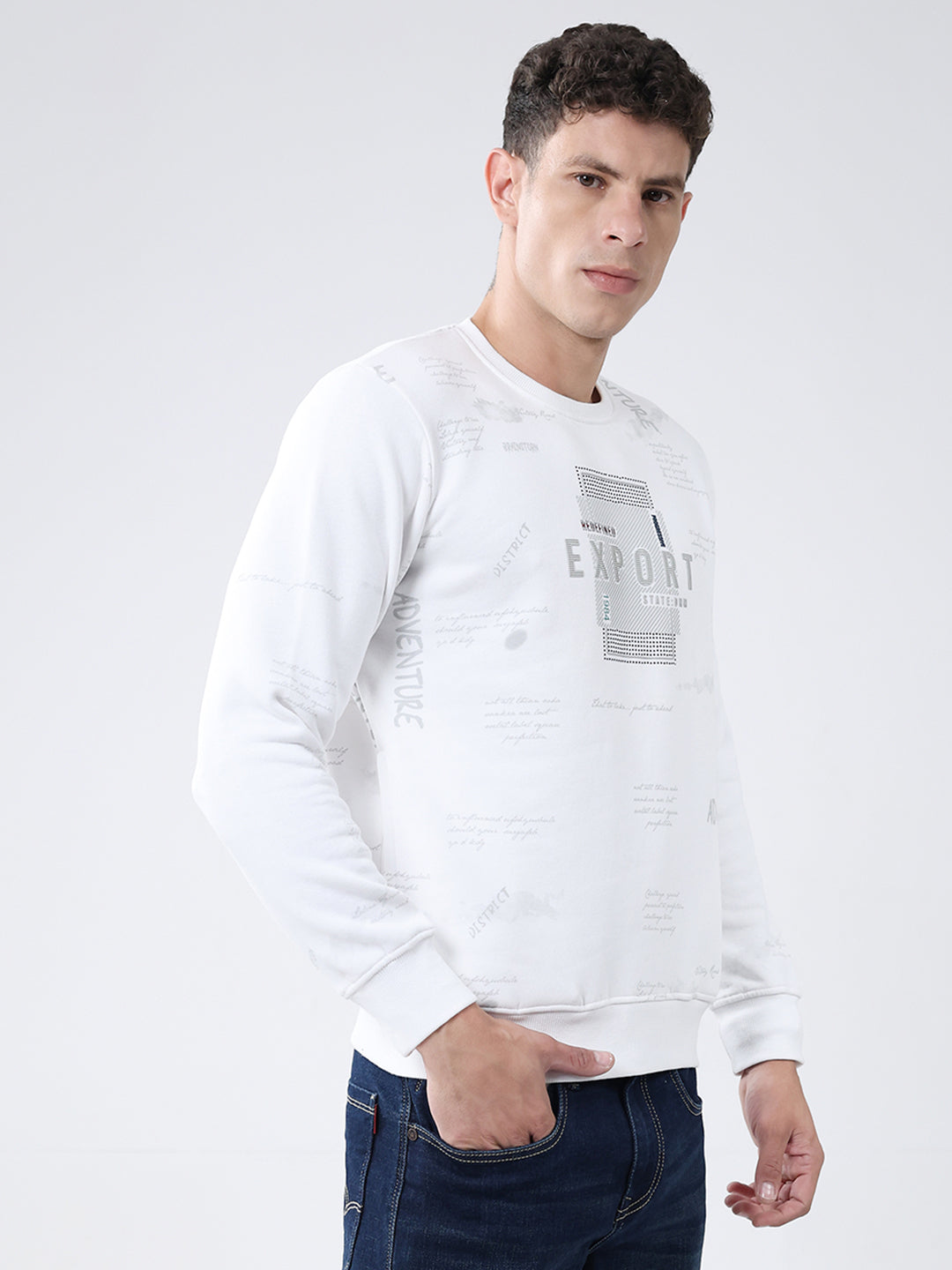 Men White Printed Round Neck Full Sleeve Sweatshirt