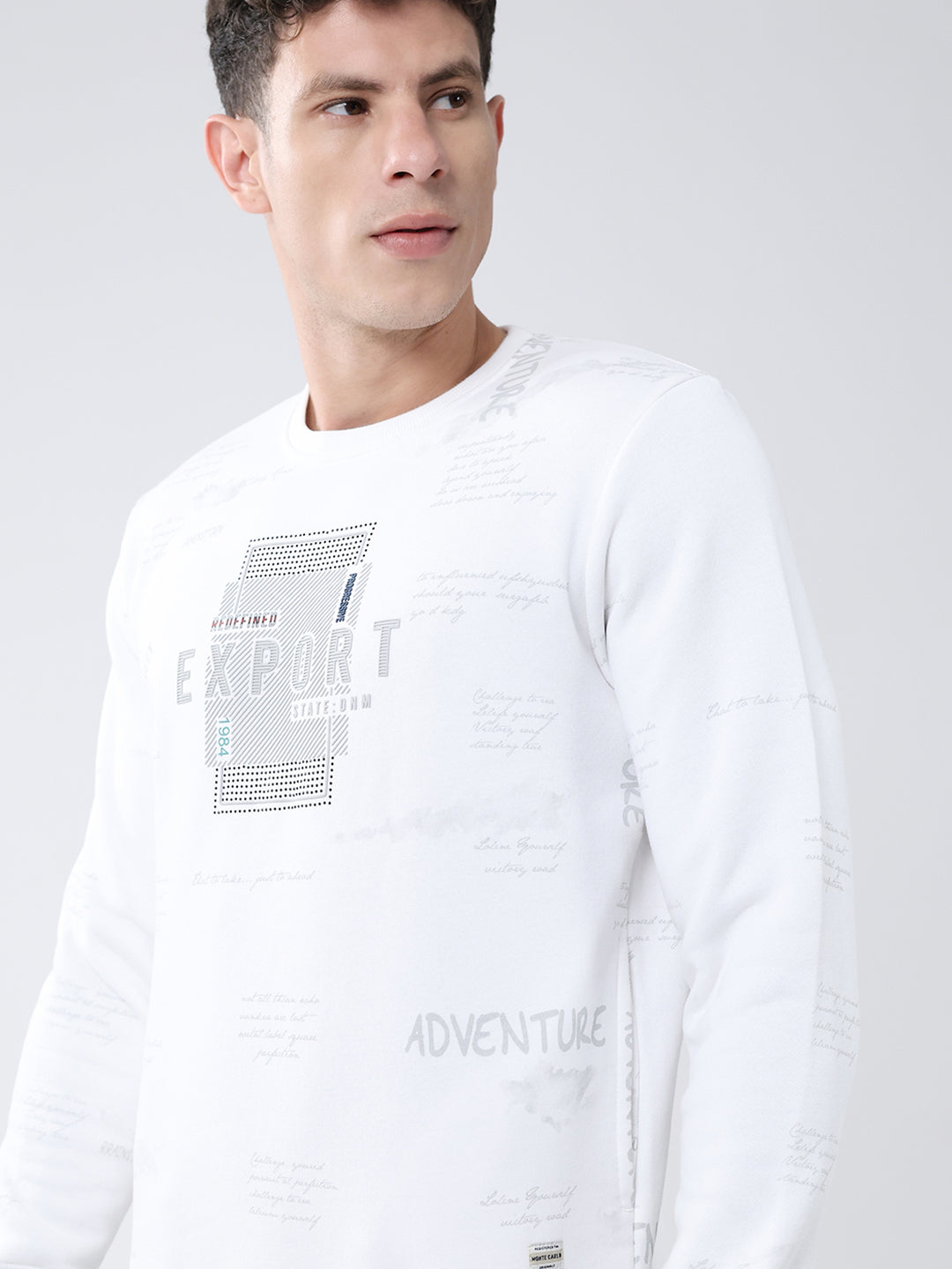 Men White Printed Round Neck Full Sleeve Sweatshirt