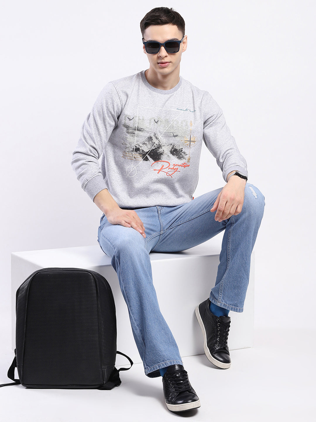 Men Grey Printed Round Neck Full Sleeve Sweatshirt
