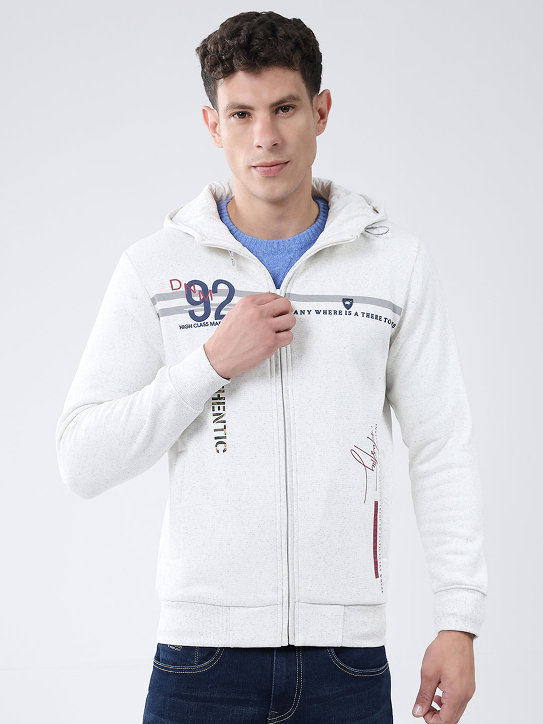 Men White Printed Hooded Full Sleeve Sweatshirt